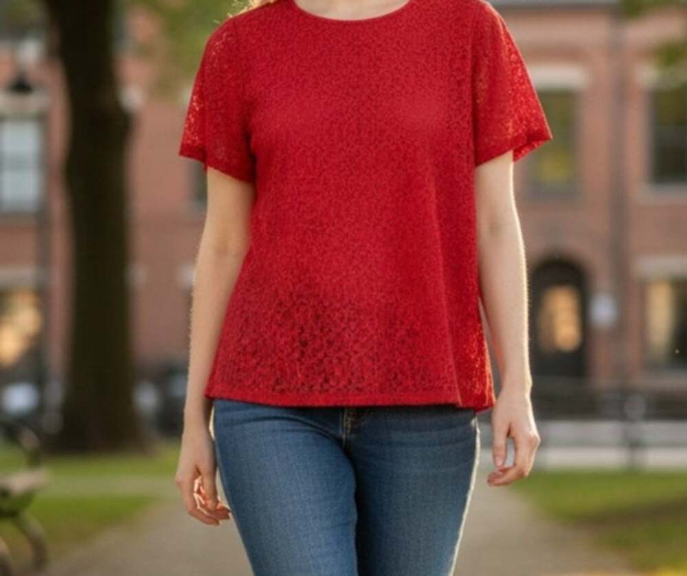 Liz Claiborne Women's Lace Overlay Floral Short Sleeve Top Size Large Red Lined